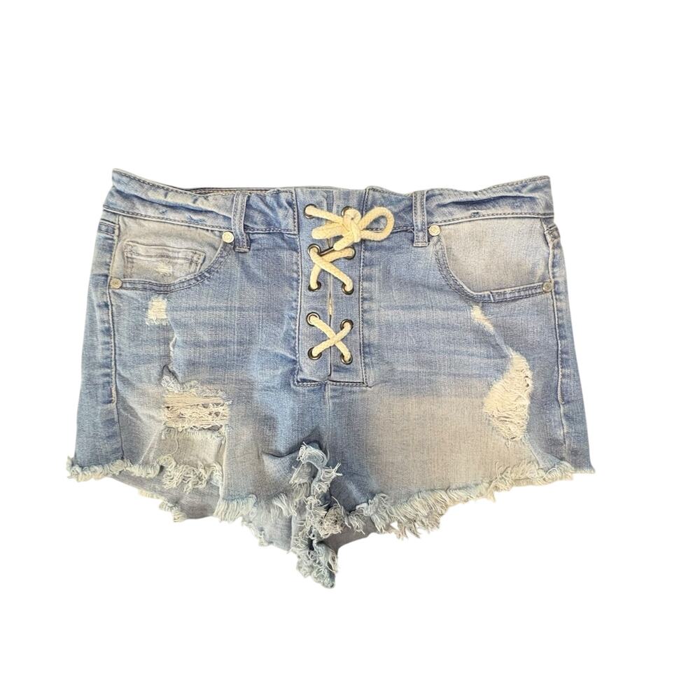 Refuge Lace Up Tie Front Cut Off Distressed Blue Jean Short Shorts sz 8 - Picture 2 of 13